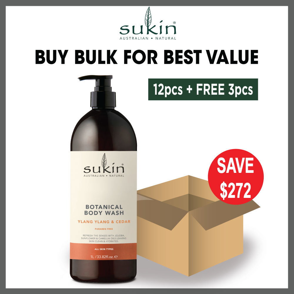 [Bulk Pack] Sukin Botanical Body Wash - Ylang Ylang Cedar 1L (12pcs + FREE 3pcs)