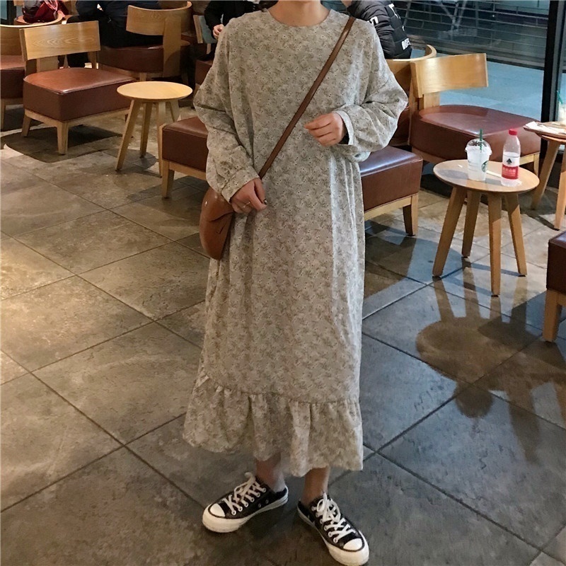 korean style new wear strap folds Chiffon floral long skirt dress
