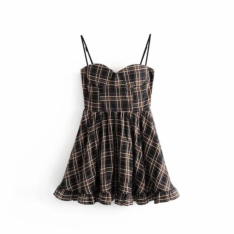 Europe and the European 2019 summer new slimming thin French retro plaid sling bra open-back fluffy