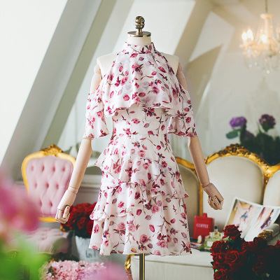 Summer lady floral dress off-shoulder hight waist slim dress ruffle dress chiffon