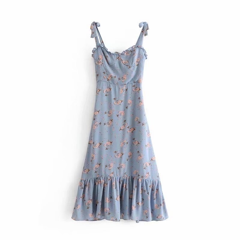 2019 early spring European and American holiday retro sling with butterfly knot long shredded flower