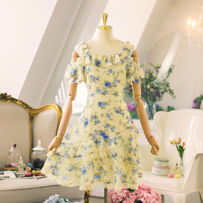 Summer lace floral dress ruffle short sleeve dress chiffon material strape