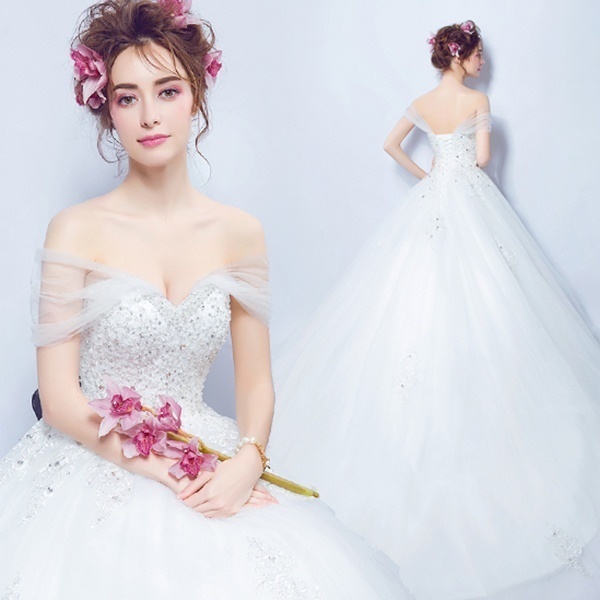 Strapless Wedding dress with Diamonds White Sexy Transparent Organza Lace Off Shoulder Princess Trai