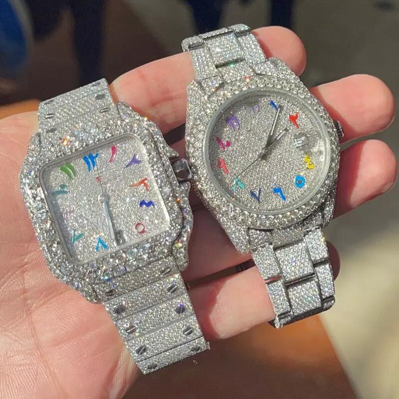 Colorful Easy To Read 12 Hours Watch Stainless Steel Material Moissanite Stone Diamond Mechanical Watches