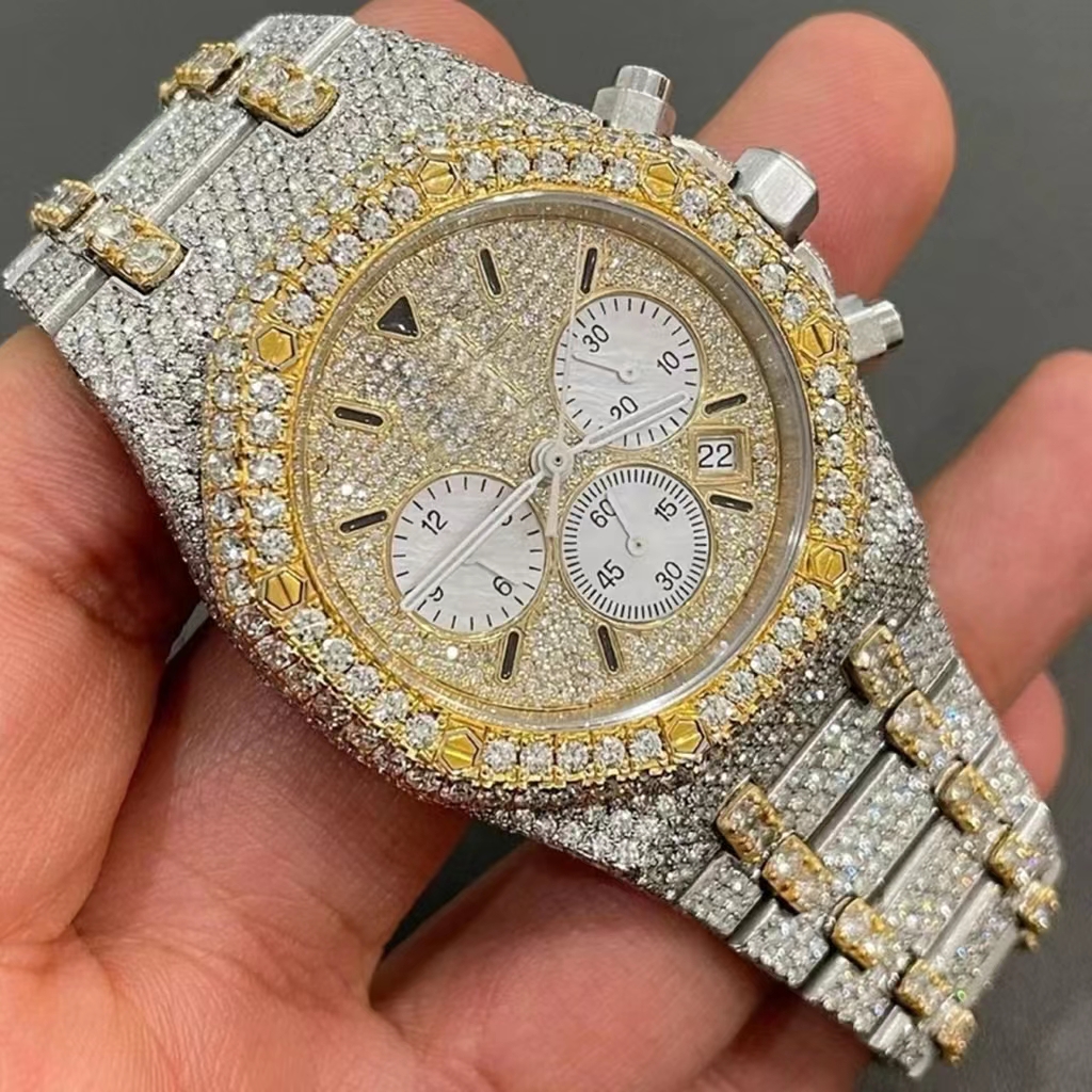 Luxury Jewelry Full Vvs Iced Out Watch Moissanite Diamond 2 Tones Gold Color Mechanical Watch Hip Hop