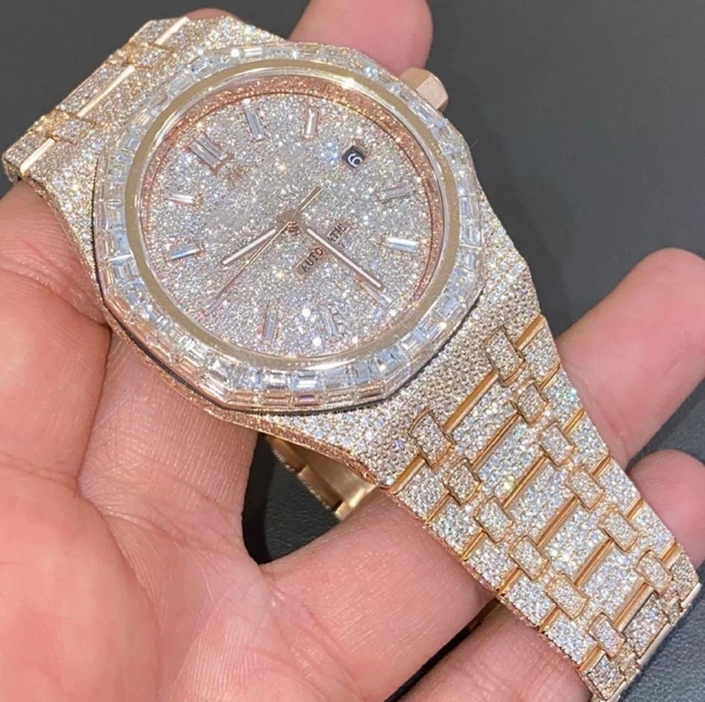 Custom Fashion Brand Gold Color Vvs Iced Out Watch Moissanite Diamond Stainless Steel Pave Setting