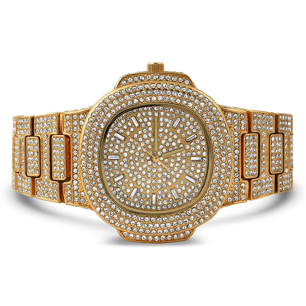 Custom Iced Out Vvs Moissanite Watch Case Men&#39;s Luxury Gold Plated Stainless Steel Diamond Quartz Watch
